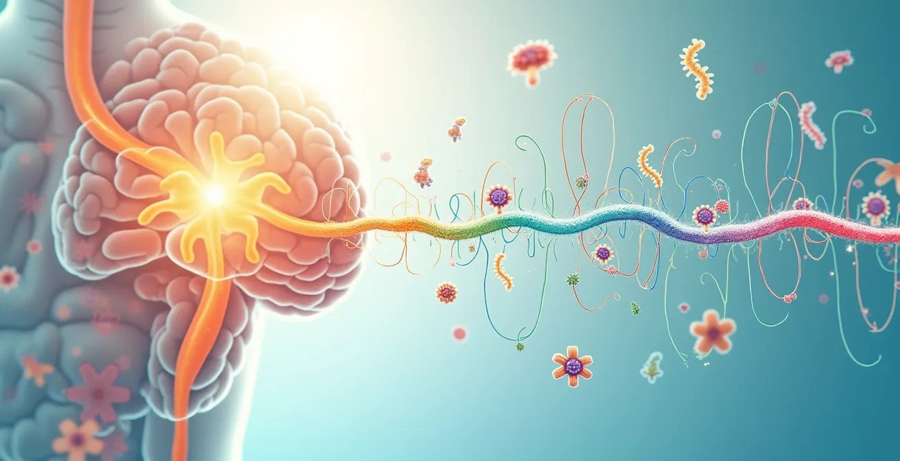 Représentation schématique de l'axe intestin-cerveau avec mise en avant du nerf vague et des bactéries du microbiote, symbolisant la connexion vitale pour la résilience mentale.