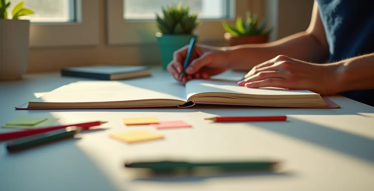 Un bureau modulable passant d’un mode minimaliste à un mode créatif avec carnets et post-it