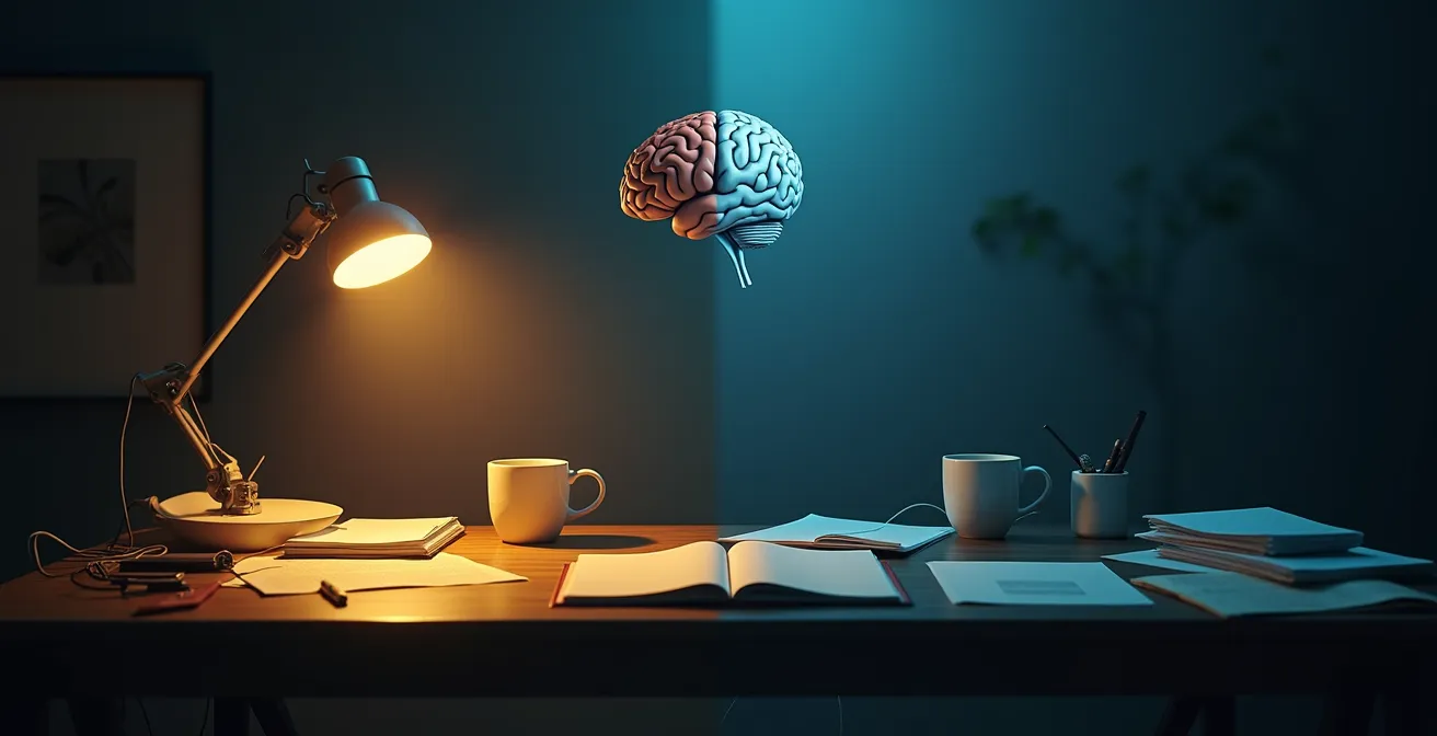 Un bureau à la fois encombré et ordonné, symbolisant le conflit entre distraction et focus