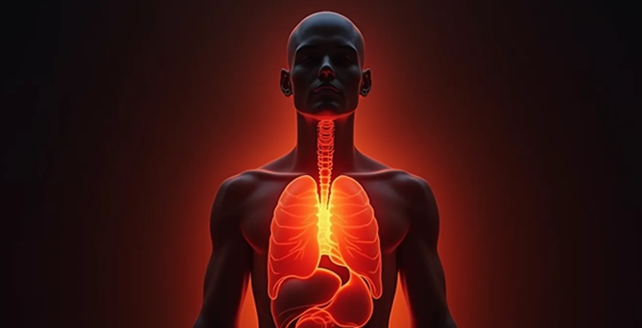Illustration symbolique montrant les zones du corps humain où la colère se stocke, notamment la mâchoire, le foie et le diaphragme