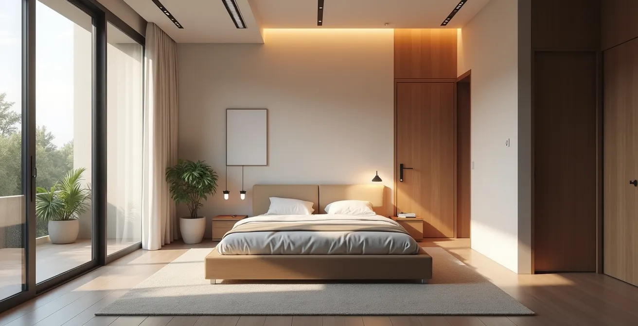 Visualisation d'une chambre montrant la position idéale du lit permettant de voir la porte, avec des éléments symbolisant l'instinct de survie