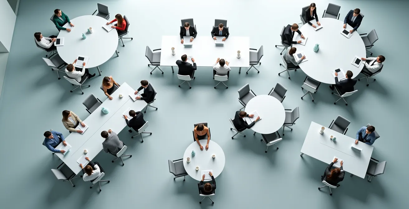 Vue aérienne de différentes configurations de tables de réunion montrant les positions de leadership