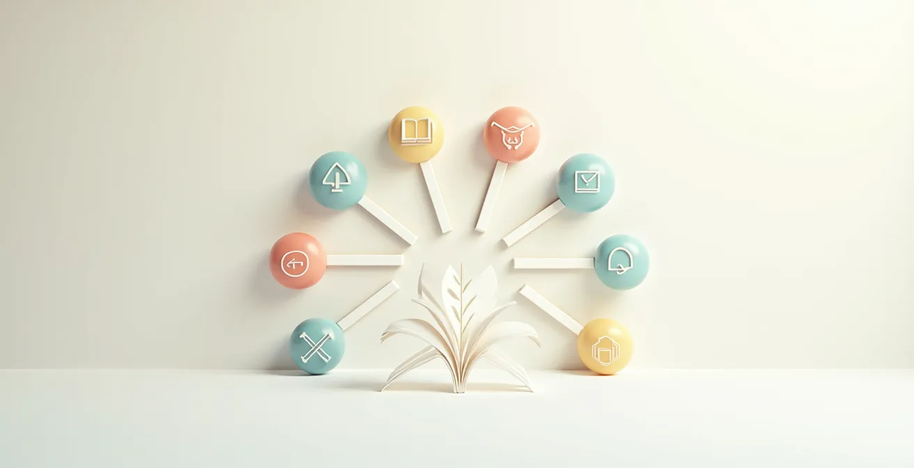 Illustration conceptuelle montrant des valeurs transformées en micro-habitudes via une série d'actions quotidiennes symbolisées par des gestes simples.