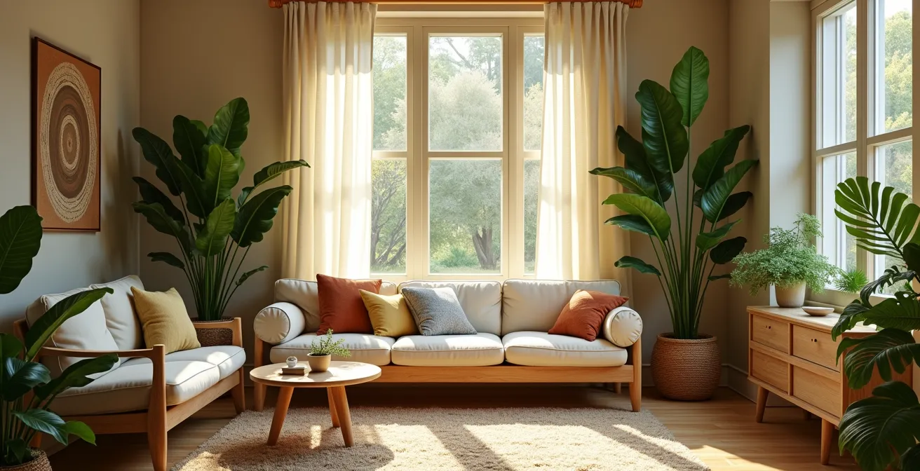 Intérieur lumineux avec de nombreuses plantes, objets naturels, motifs fractals sur les textiles, et lumière naturelle abondante.