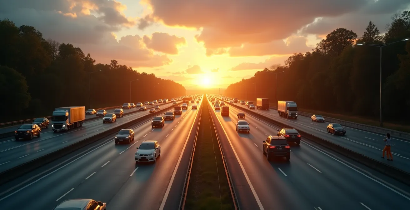 Illustration symbolique représentant une autoroute énergique fluide et un embouteillage énergétique, symbolisant l'énergie vitale dans le corps