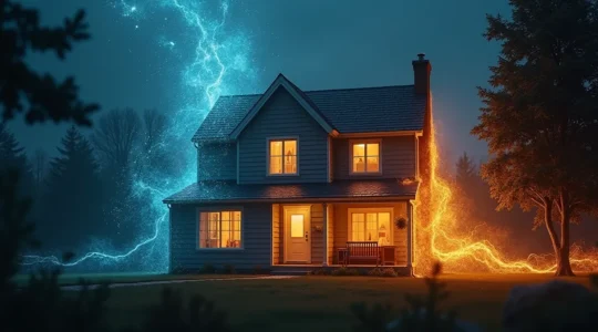 Illustration symbolique d'une maison énergisée avec des éclairs lumineux et des flux d'énergie circulant, montrant l'opposition entre batterie et aspirateur d'énergie.