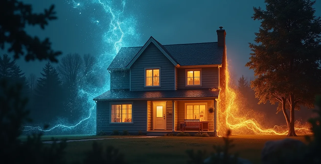 Illustration symbolique d'une maison énergisée avec des éclairs lumineux et des flux d'énergie circulant, montrant l'opposition entre batterie et aspirateur d'énergie.