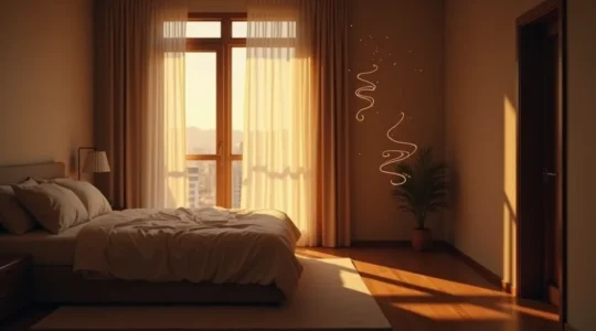 Une chambre apaisante et ordonnée avec une lumière douce, symbolisant un environnement favorisant le sommeil et la recharge énergétique