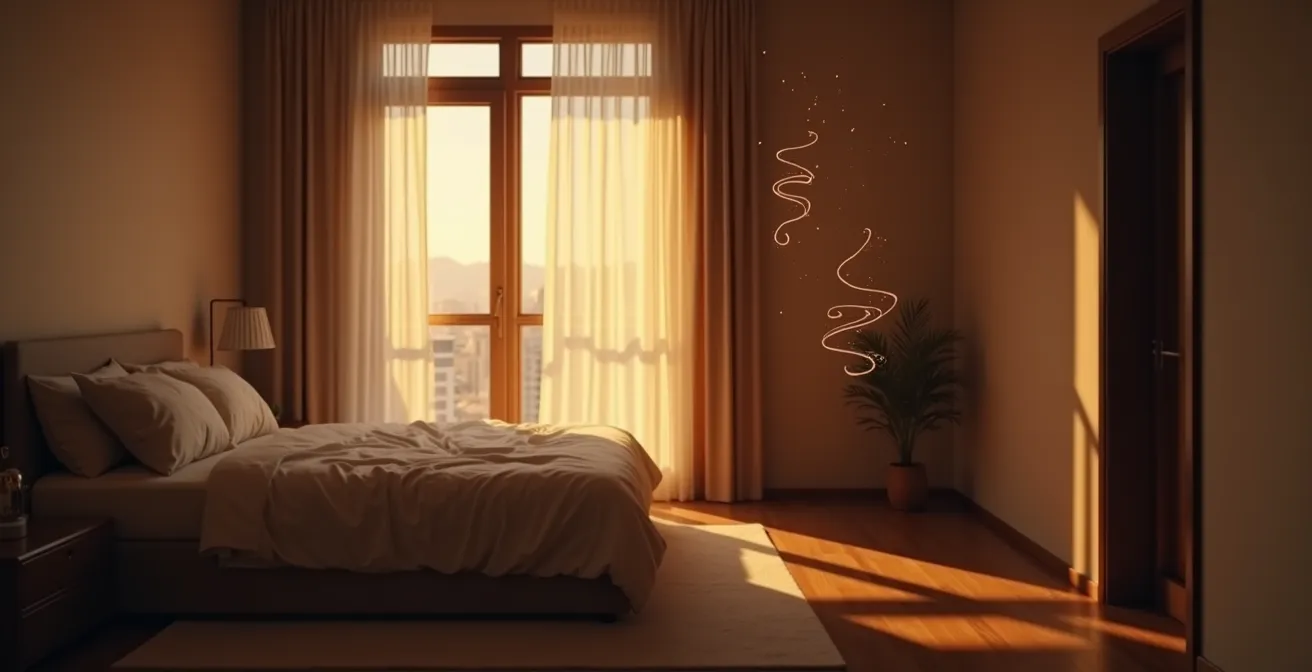 Une chambre apaisante et ordonnée avec une lumière douce, symbolisant un environnement favorisant le sommeil et la recharge énergétique