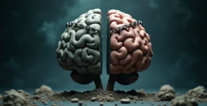 Une métaphore visuelle représentant un cerveau humain stylisé comme une forteresse solide d'un côté et une passoire trouée de l'autre, entourée d'éléments symboliques de résilience tels que des chaînes renforcées et des vagues de stress se heurtant.