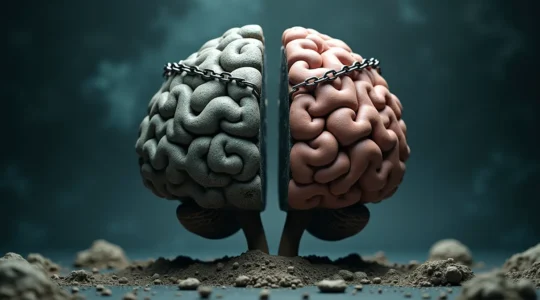 Une métaphore visuelle représentant un cerveau humain stylisé comme une forteresse solide d'un côté et une passoire trouée de l'autre, entourée d'éléments symboliques de résilience tels que des chaînes renforcées et des vagues de stress se heurtant.