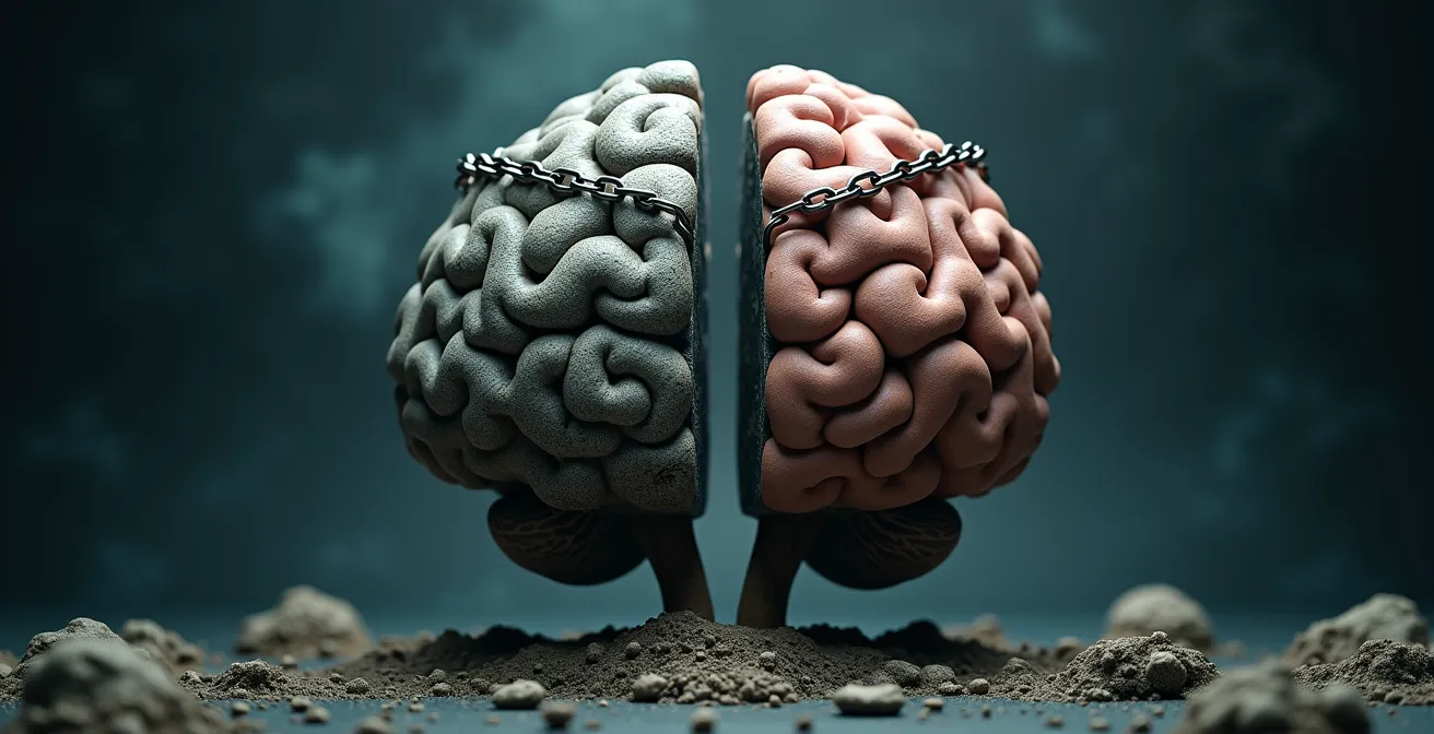 Une métaphore visuelle représentant un cerveau humain stylisé comme une forteresse solide d'un côté et une passoire trouée de l'autre, entourée d'éléments symboliques de résilience tels que des chaînes renforcées et des vagues de stress se heurtant.