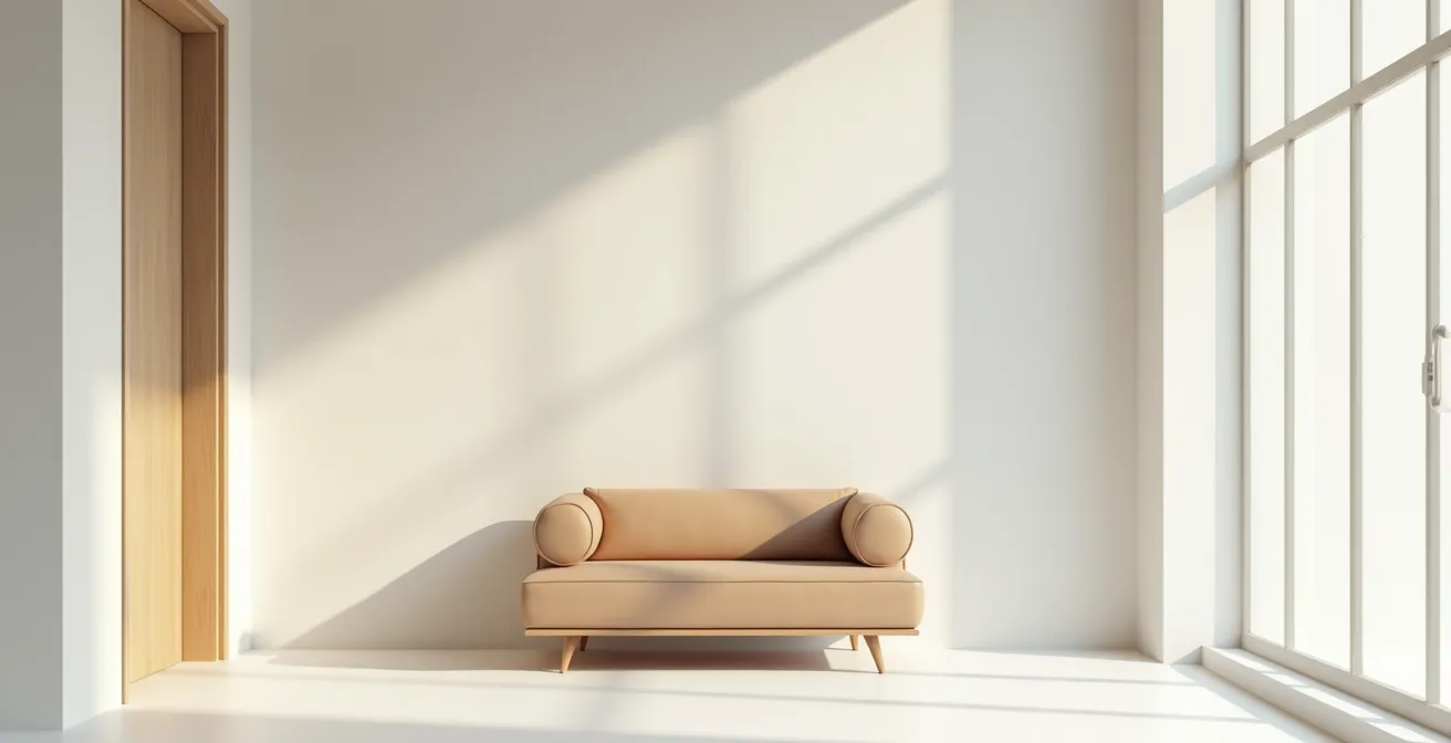 Intérieur minimaliste avec un meuble bien proportionné laissant un espace vide autour symbolisant la respiration visuelle
