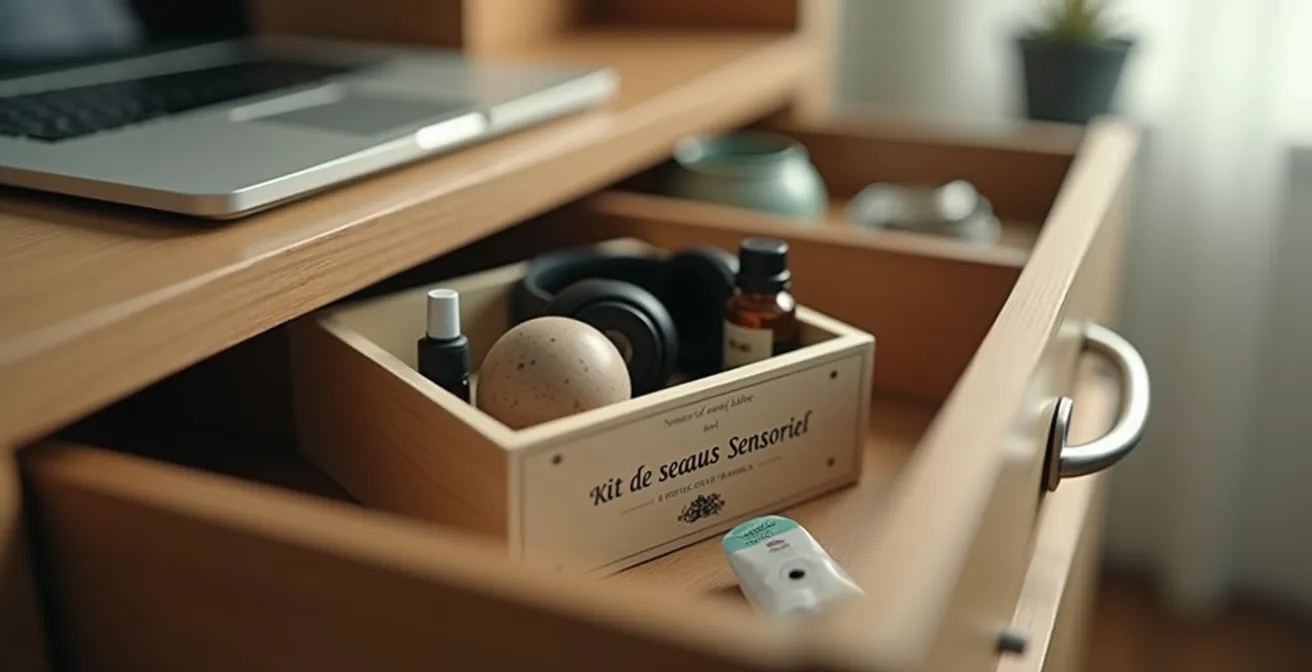 Un tiroir ouvert contenant une balle anti-stress, une huile essentielle, un casque et un thé