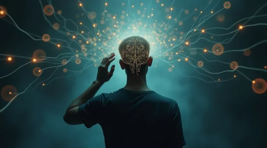 Illustration représentant le stress non pas comme une menace, mais comme une réaction physiologique normale à reprogrammer, avec des symboles de cerveau, de système nerveux et de contrôle mental.