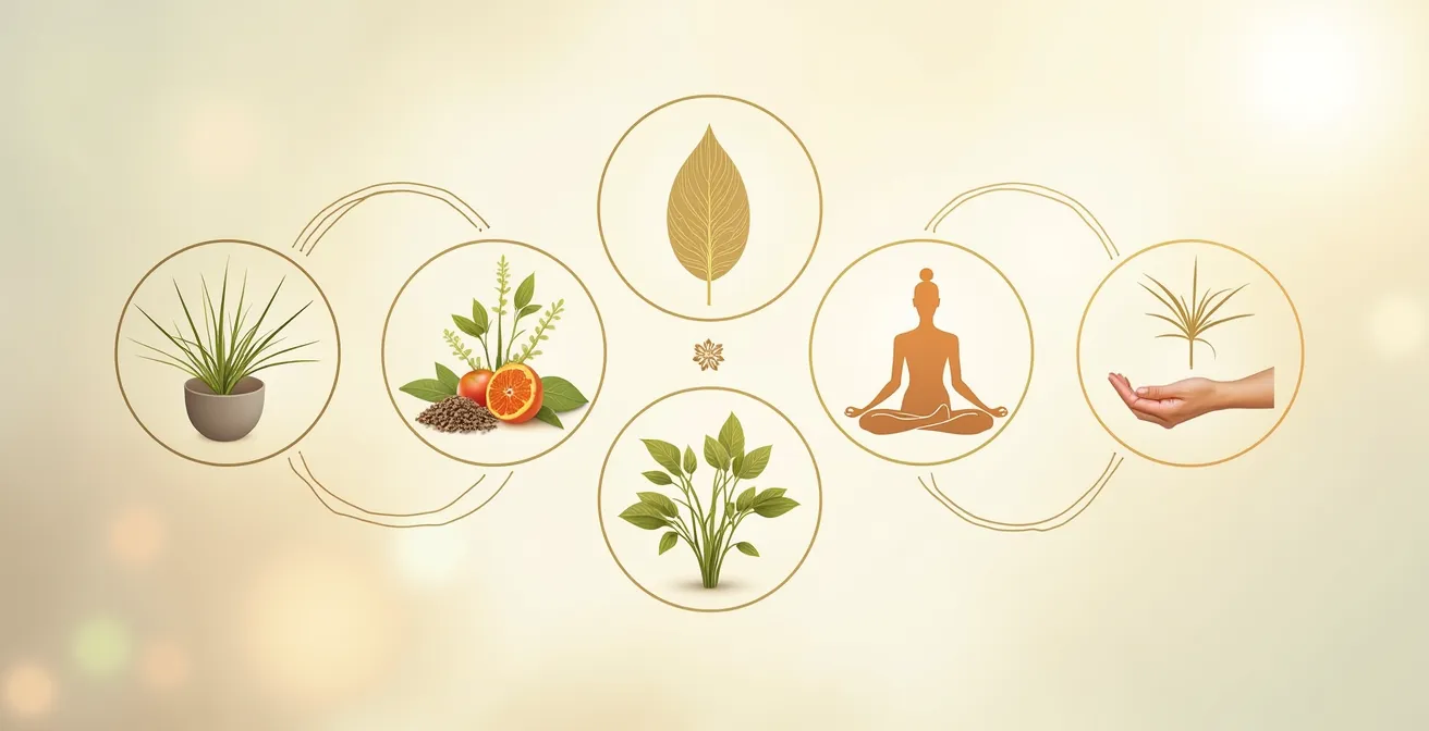 Représentation symbolique et harmonieuse des cinq branches de la médecine traditionnelle chinoise : acupuncture, diététique, pharmacopée, Qi Gong, massage Tui Na.