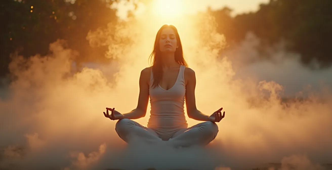 Personne paisible assise en méditation, représentant la liberté par rapport à ses pensées