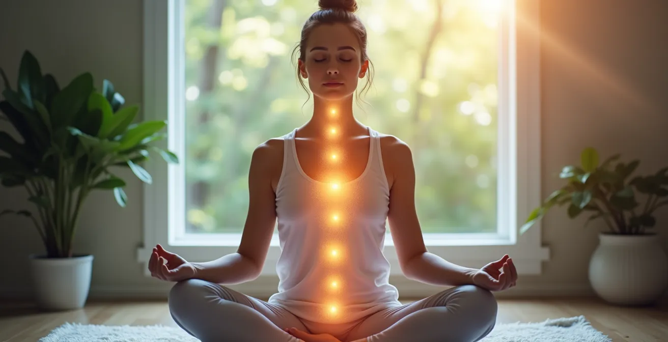 Personne en méditation avec zones corporelles illuminées représentant la conscience intéroceptive