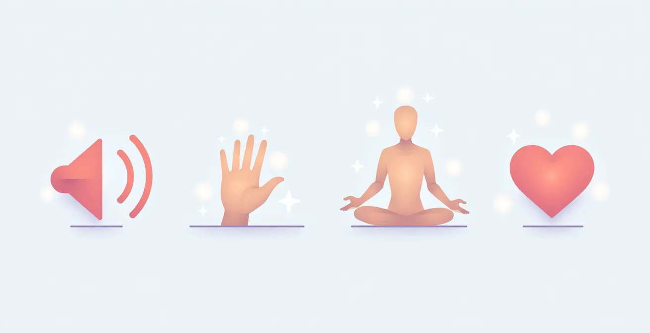 Illustration symbolique représentant les 4 points d'ancrage en méditation : auditif, kinesthésique, proprioceptif et émotionnel, avec des icônes distinctes sur un fond apaisant