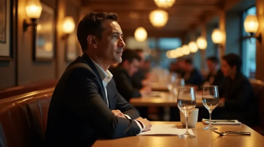 Personne assise dos au mur dans un restaurant, observant la salle avec confiance