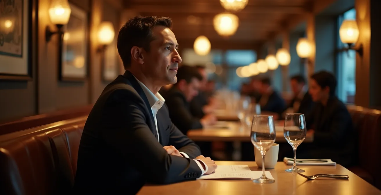 Personne assise dos au mur dans un restaurant, observant la salle avec confiance