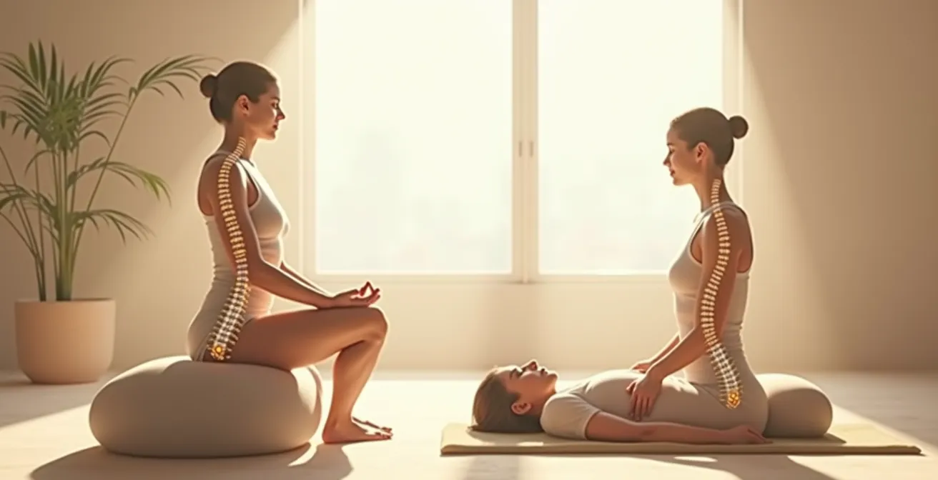 Illustration détaillée montrant plusieurs postures de méditation (zafu, chaise, allongé) indiquant les bonnes positions pour protéger le dos