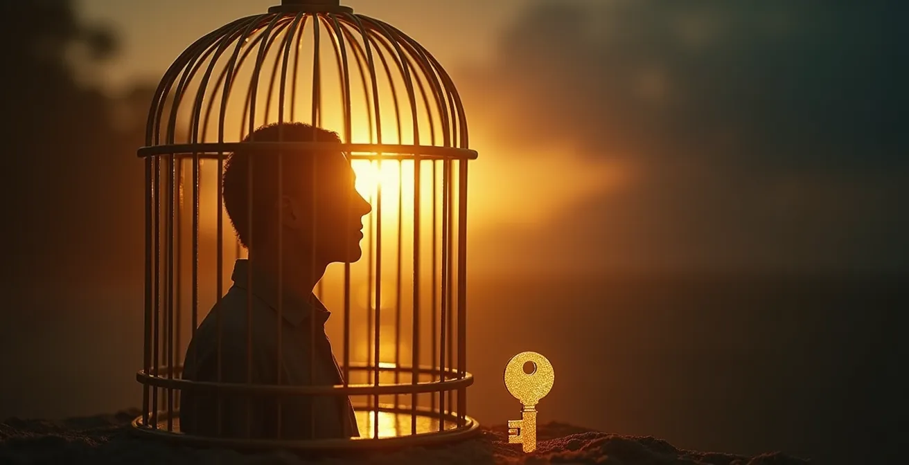 Illustration symbolique d'une personne en prison dorée transparente, regardant l'horizon avec une clé lumineuse symbolisant la flexibilité psychologique.