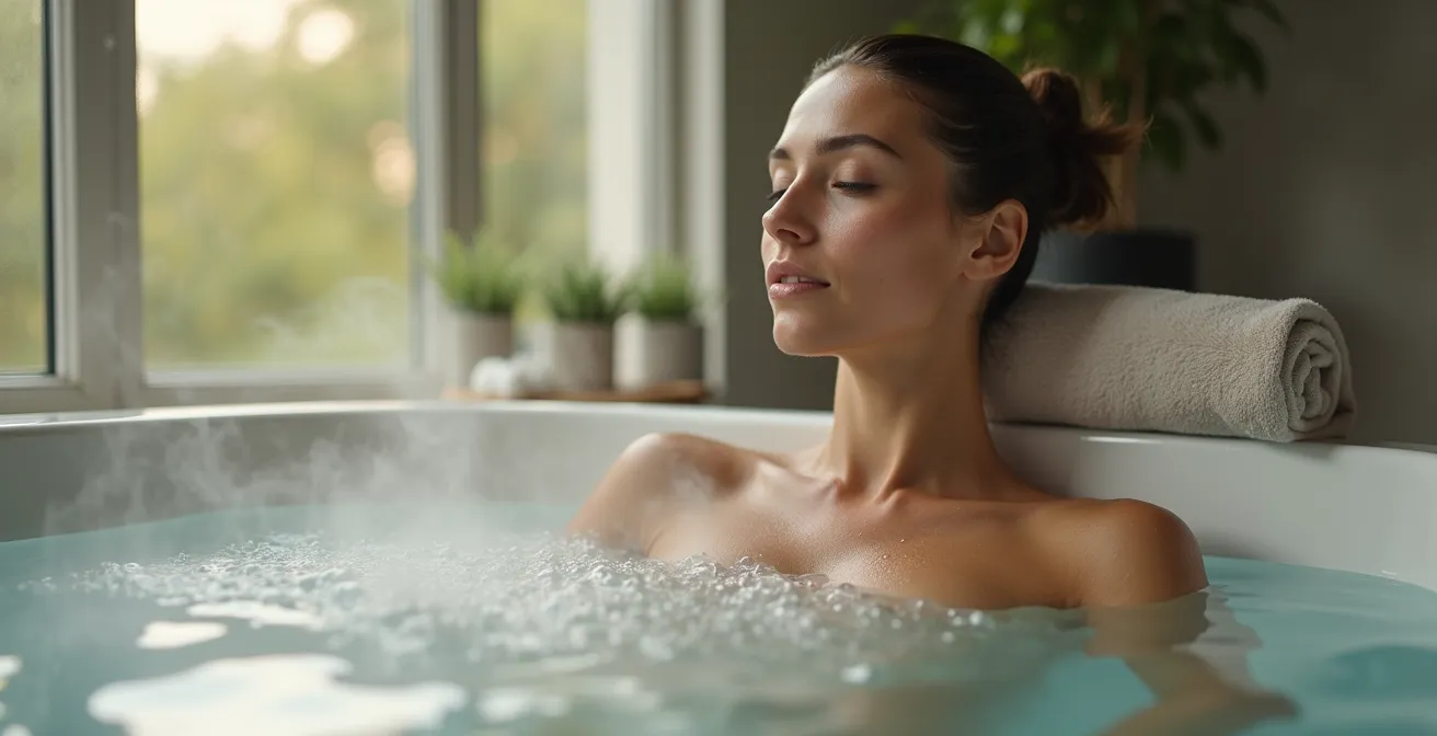 Athlète se relaxant dans un bain chaud après l'effort, illustrant les techniques de récupération de haut niveau