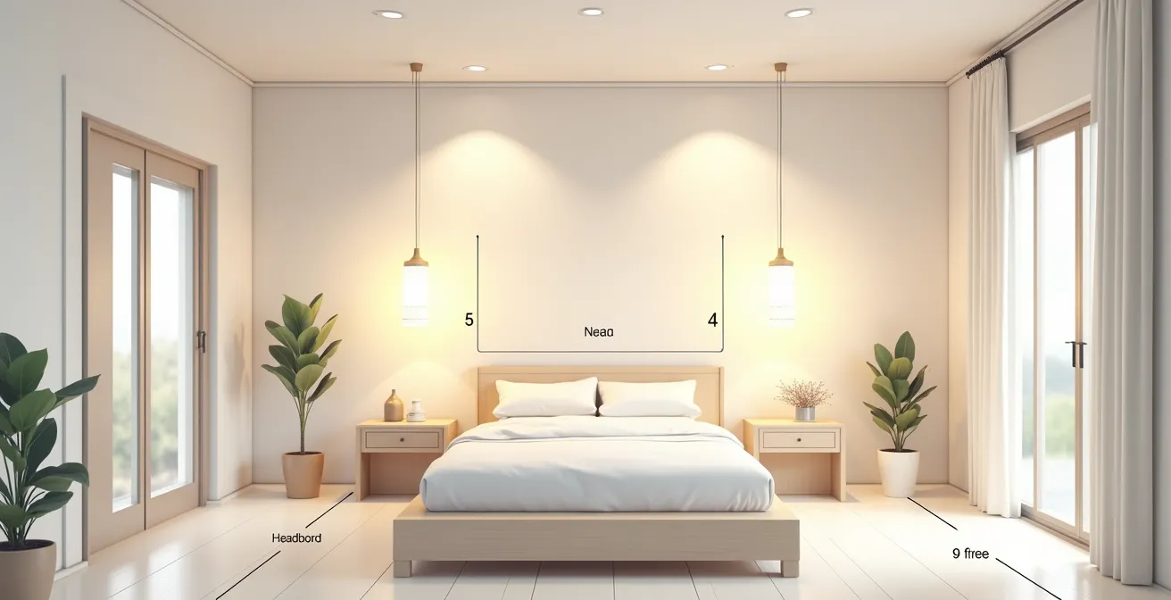 Schéma artistique montrant l'orientation idéale du lit avec explicitation des trois règles Feng Shui