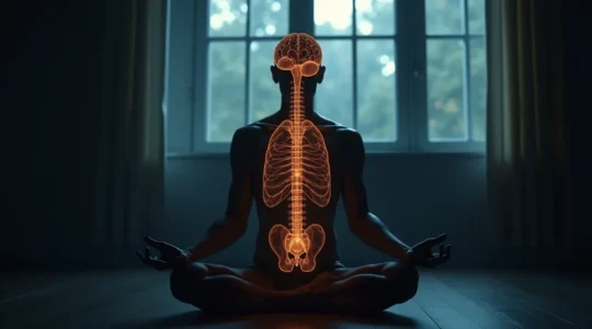 Représentation symbolique de la connexion entre la respiration profonde et l'activation du cerveau via le nerf vague