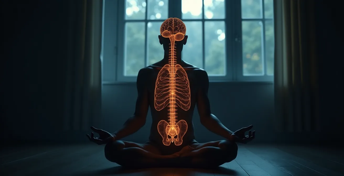 Représentation symbolique de la connexion entre la respiration profonde et l'activation du cerveau via le nerf vague