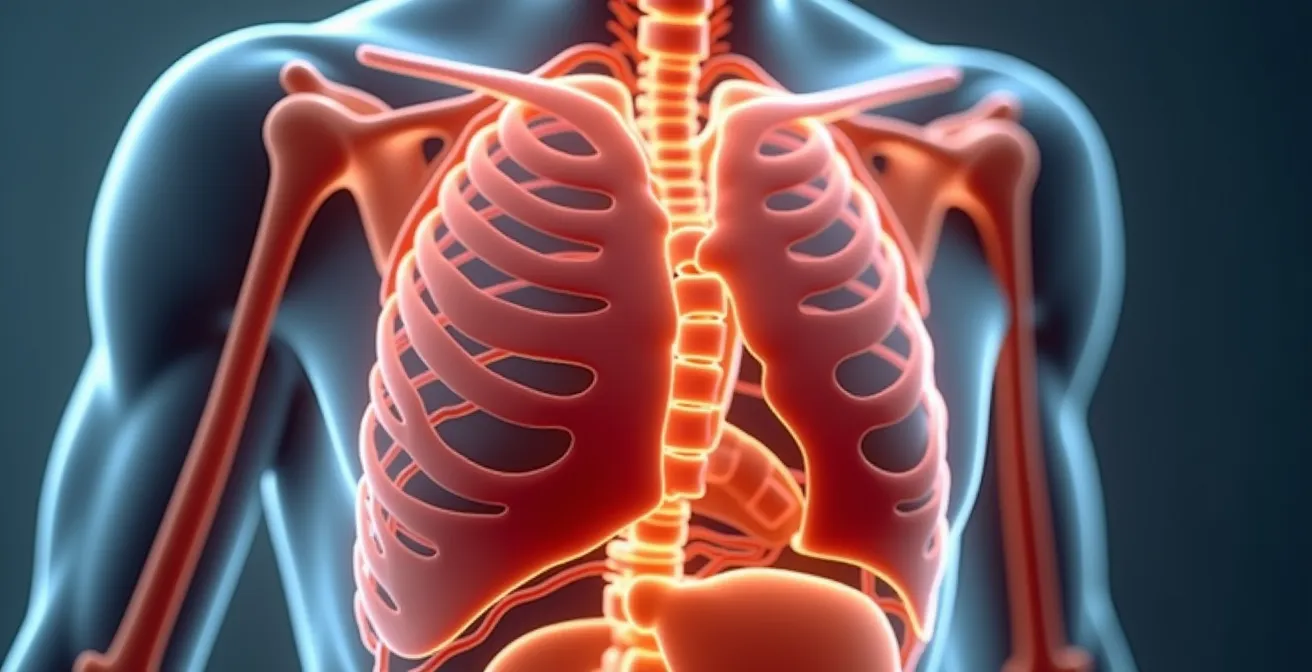 Schéma montrant l'expansion 360 de la cage thoracique et l'engagement du diaphragme, des intercostaux et du plancher pelvien