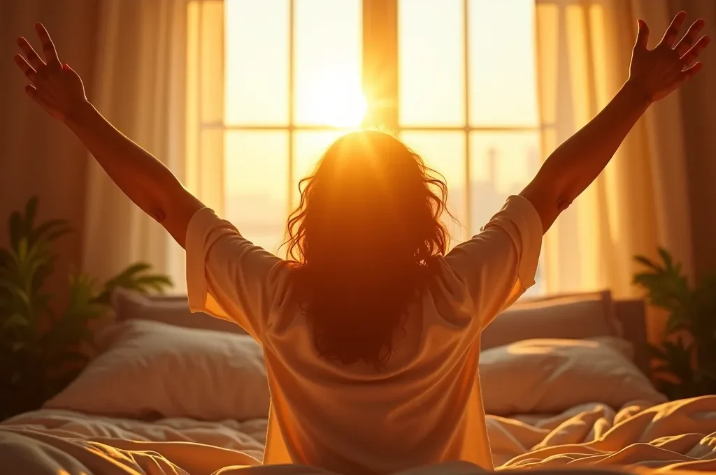 Personne se réveillant énergiquement face au lever du soleil venant de l'est