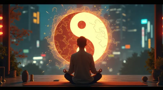 Une composition symbolique représentant l'équilibre entre la sagesse chinoise millénaire et la vie moderne, avec des éléments traditionnels chinois fusionnés à des symboles modernes de technologie et de bien-être.