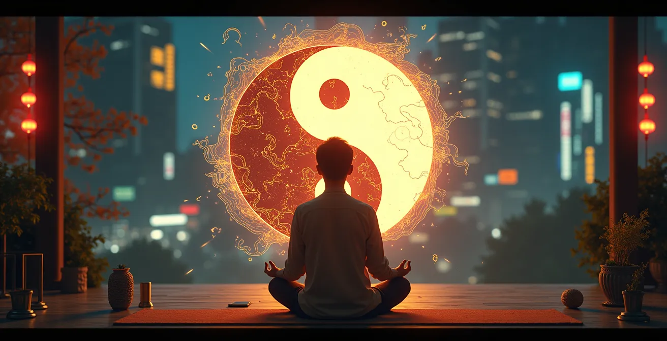 Une composition symbolique représentant l'équilibre entre la sagesse chinoise millénaire et la vie moderne, avec des éléments traditionnels chinois fusionnés à des symboles modernes de technologie et de bien-être.