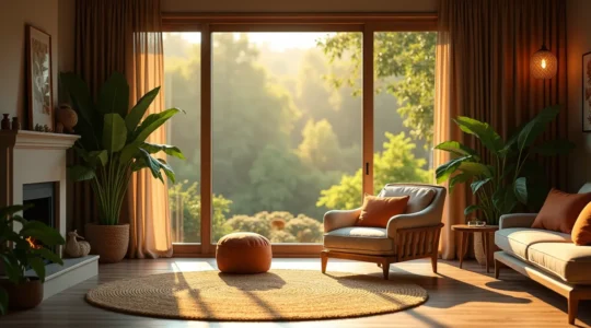 Vue intérieure chaleureuse d'une maison apaisante avec lumière naturelle, plantes et décor harmonieux pour la sérénité