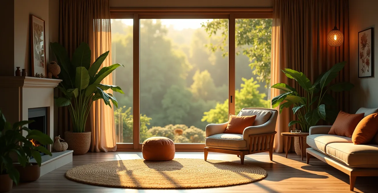 Vue intérieure chaleureuse d'une maison apaisante avec lumière naturelle, plantes et décor harmonieux pour la sérénité