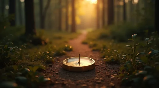 Illustration symbolique d'une boussole dorée lumineuse positionnée au centre d'un chemin multiple dans la nature, symbolisant la direction de la vie guidée par des choix conscients.