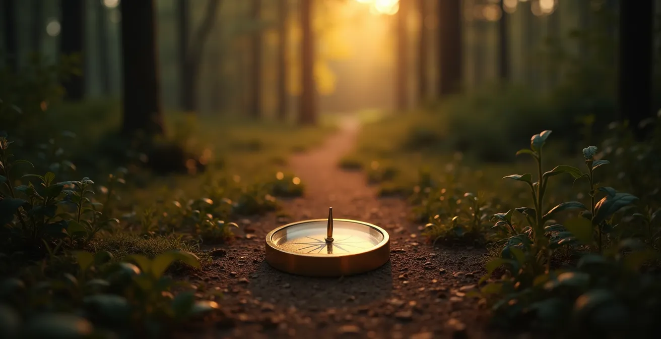 Illustration symbolique d'une boussole dorée lumineuse positionnée au centre d'un chemin multiple dans la nature, symbolisant la direction de la vie guidée par des choix conscients.