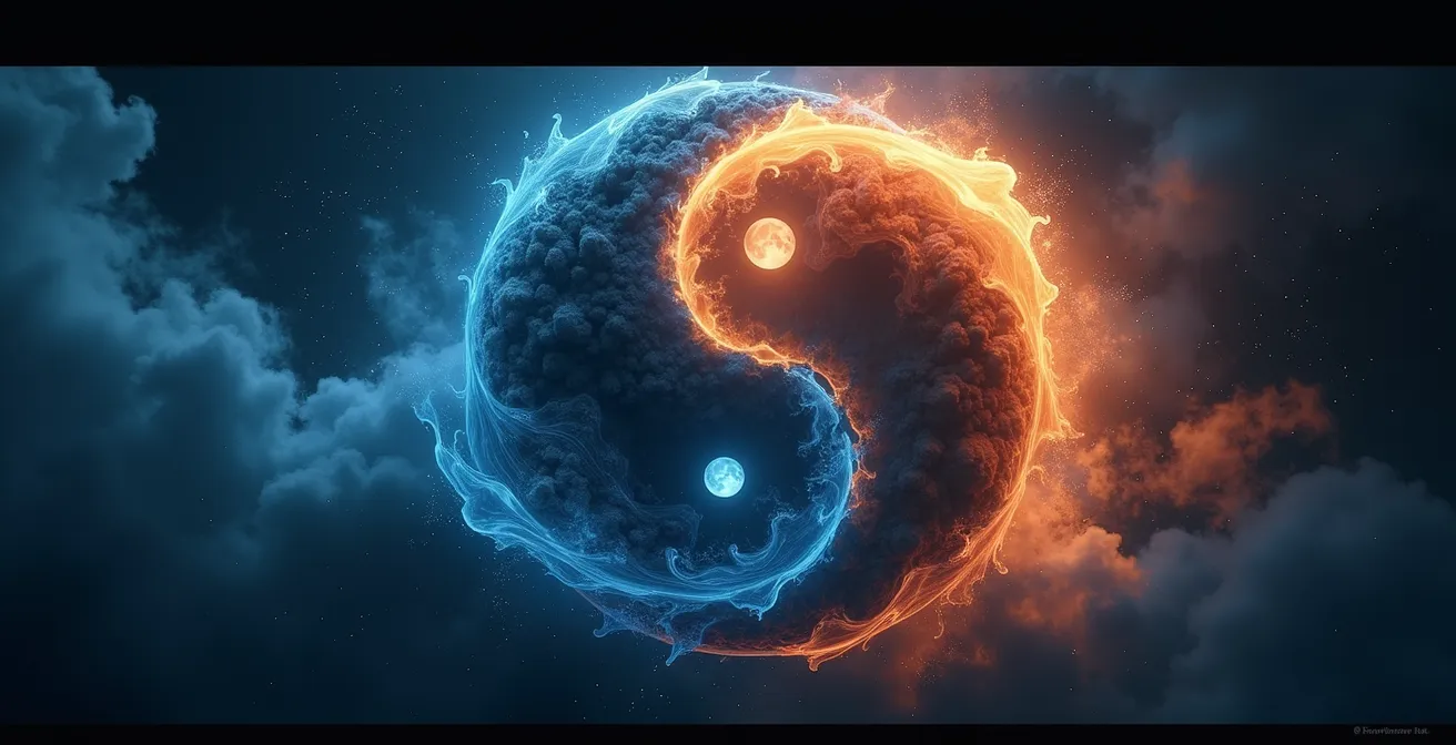 Illustration symbolique du Yin et du Yang montrant leur transformation mutuelle avec des éléments modernes comme un smartphone en charge et la lumière bleue perturbant le sommeil.