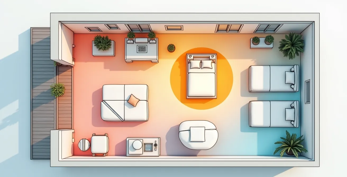 Schéma illustrant le zonage énergétique dans une maison avec des couleurs distinctes et un aménagement adapté pour salon, chambre et bureau.
