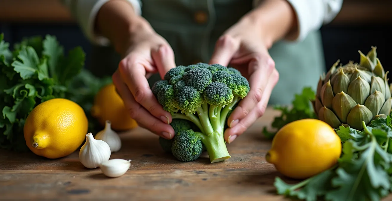 Composition artistique d'aliments détoxifiants incluant brocoli, ail, citron et artichauts sur une surface en bois naturel