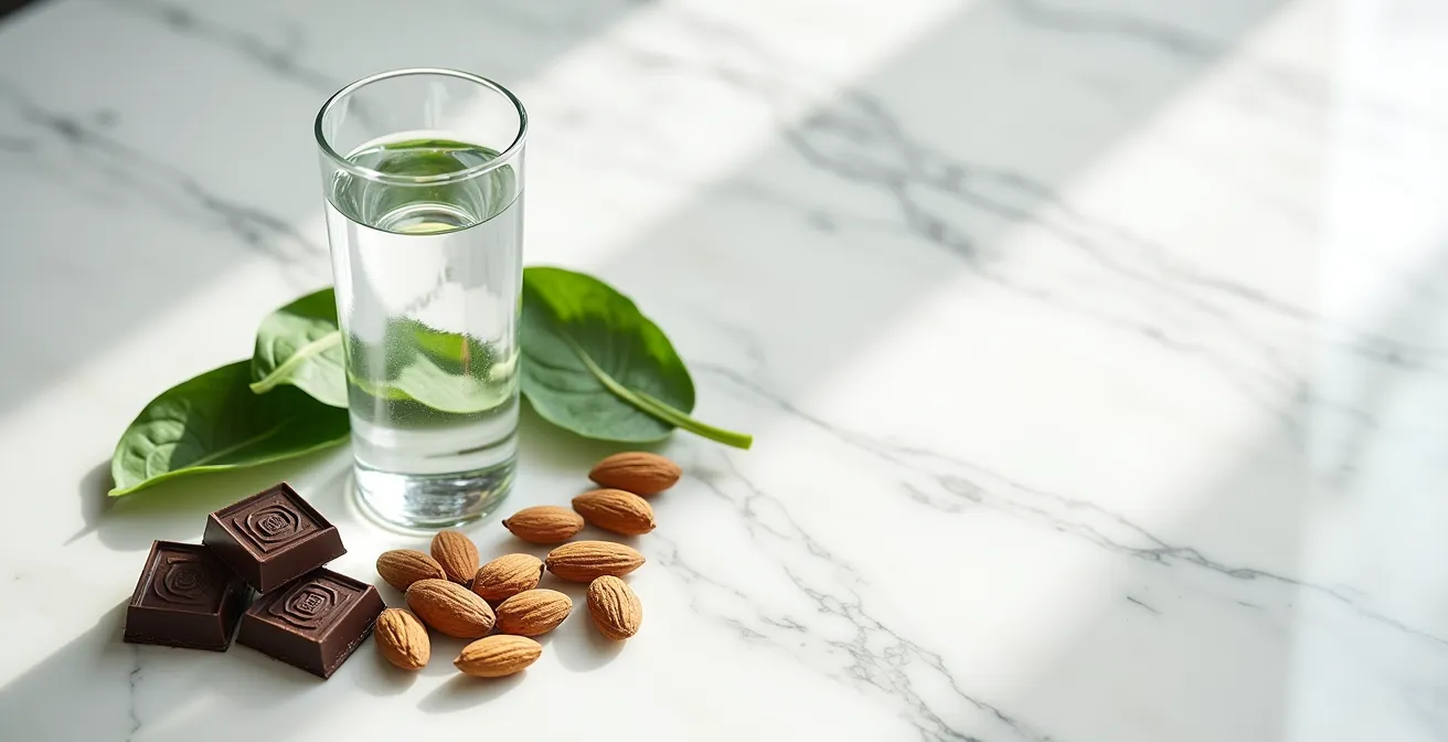 Composition d'aliments riches en magnésium comme le chocolat noir, les amandes et les épinards, disposés sur une surface claire.