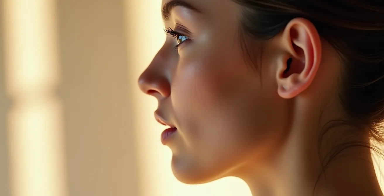 Gros plan artistique sur une oreille avec représentation symbolique des zones réflexes