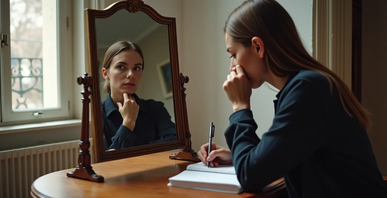 Personne face à un miroir pratiquant le dialogue interne structuré pour l'auto-coaching.