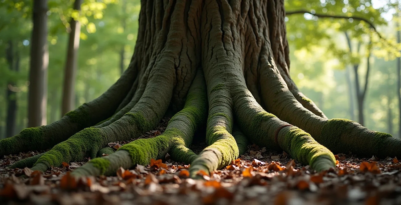 Tronc majestueux d'un chêne centenaire avec ses racines apparentes symbolisant l'ancrage