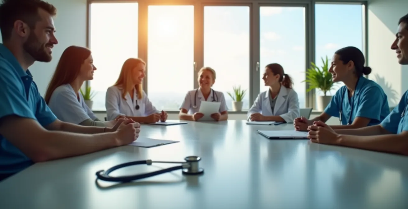 Équipe pluridisciplinaire en réunion de coordination pour un parcours de soins intégratif