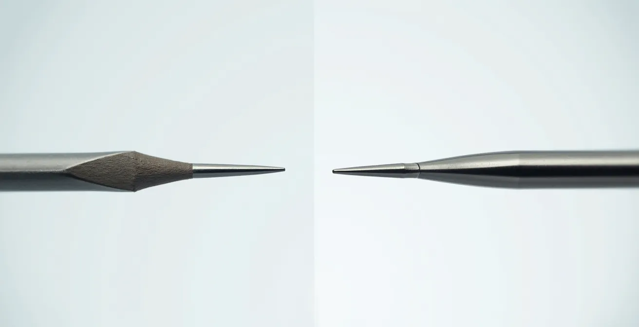 Comparaison macro des pointes d'aiguille : conique pour l'acupuncture et biseautée pour l'injection