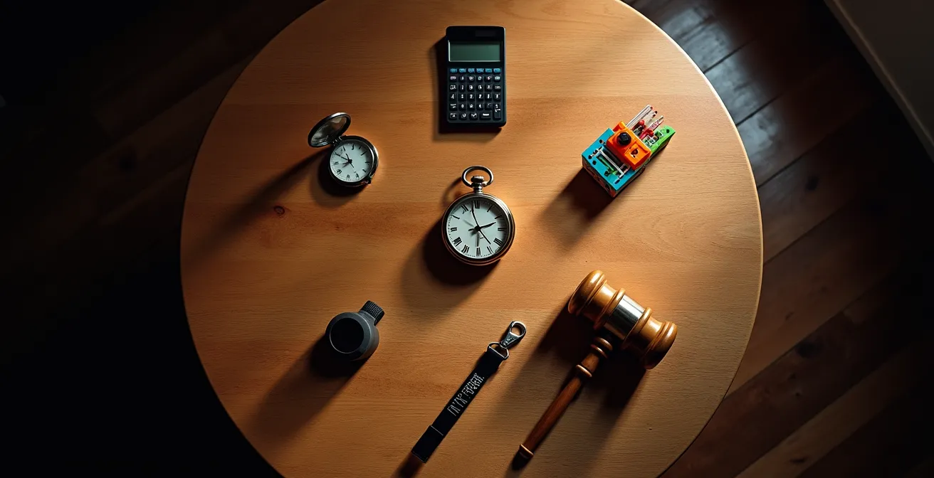 Vue aérienne d'une table ronde avec différents objets symbolisant les facettes d'une personnalité