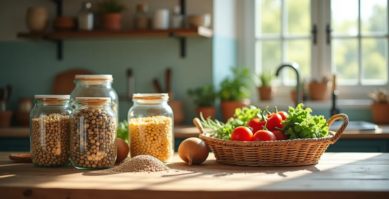 Panier de courses bio économique avec légumineuses en vrac et légumes de saison